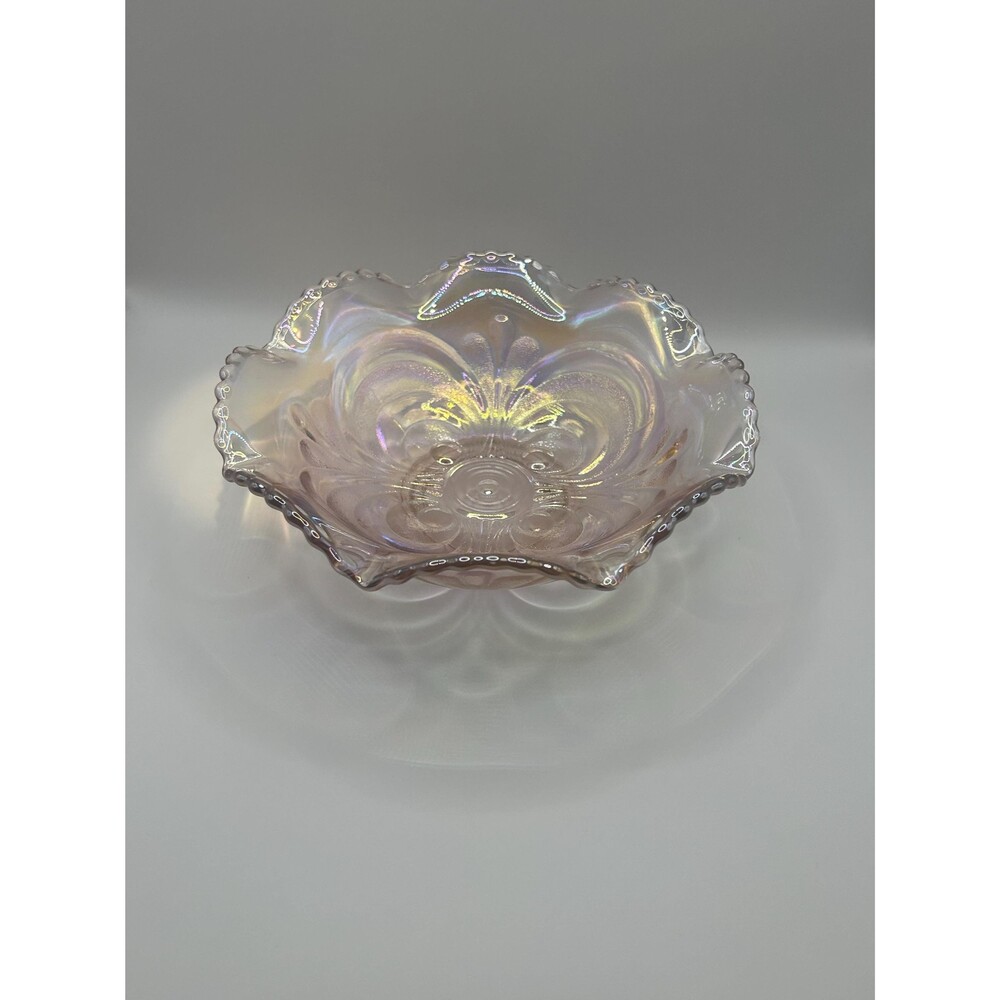 VTG Imperial Glass Pink Carnival Glass Scroll Beaded Edge Bowl 8"